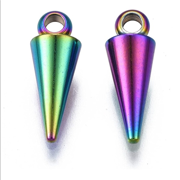 Iridescent rainbow Swarovski circle charms + dangly green purple spikes earrings - Picture 4 of 16